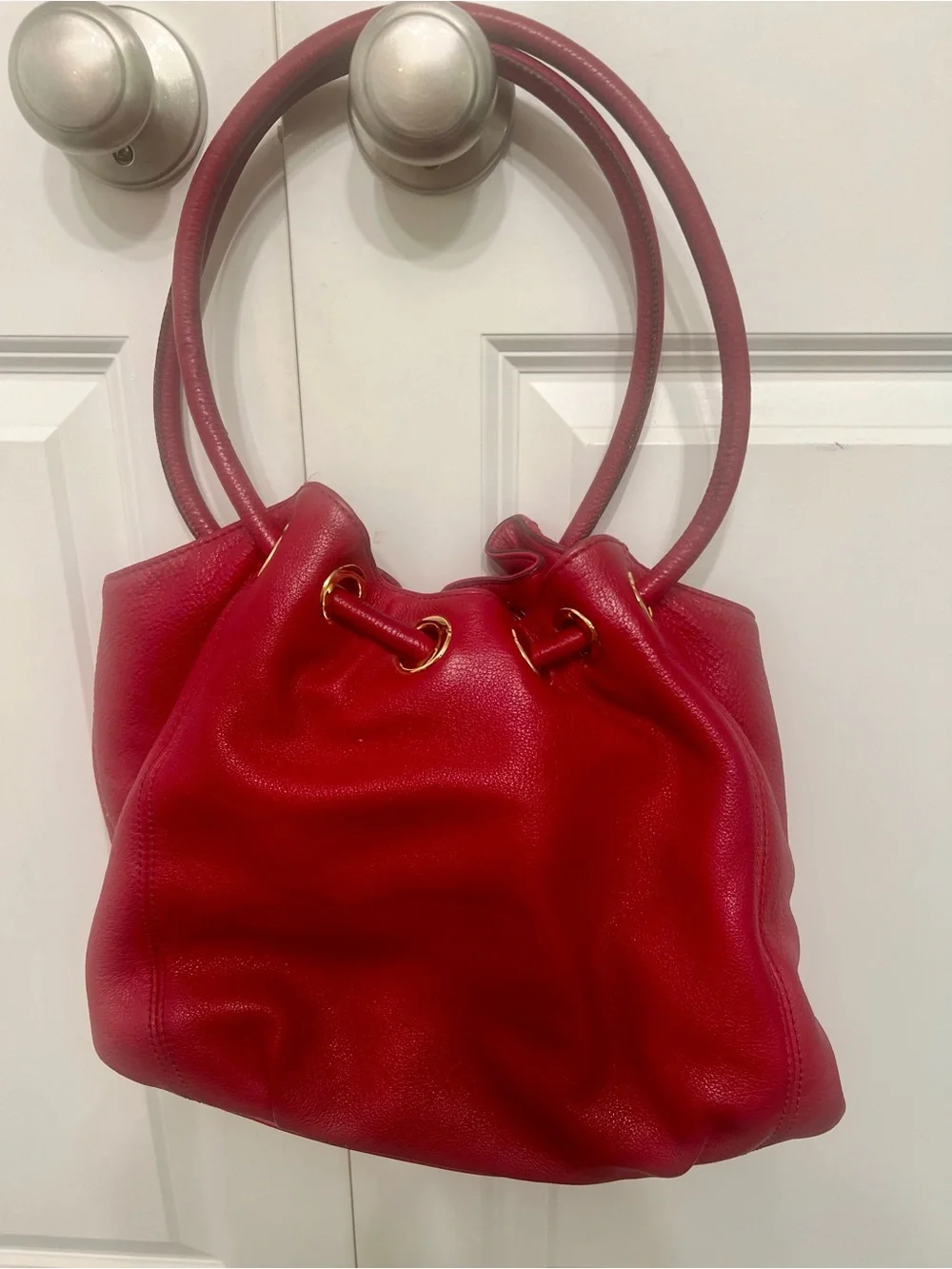 Michael Kors Red Pebbled Leather Drawstring Tassel Large Shoulder Bag